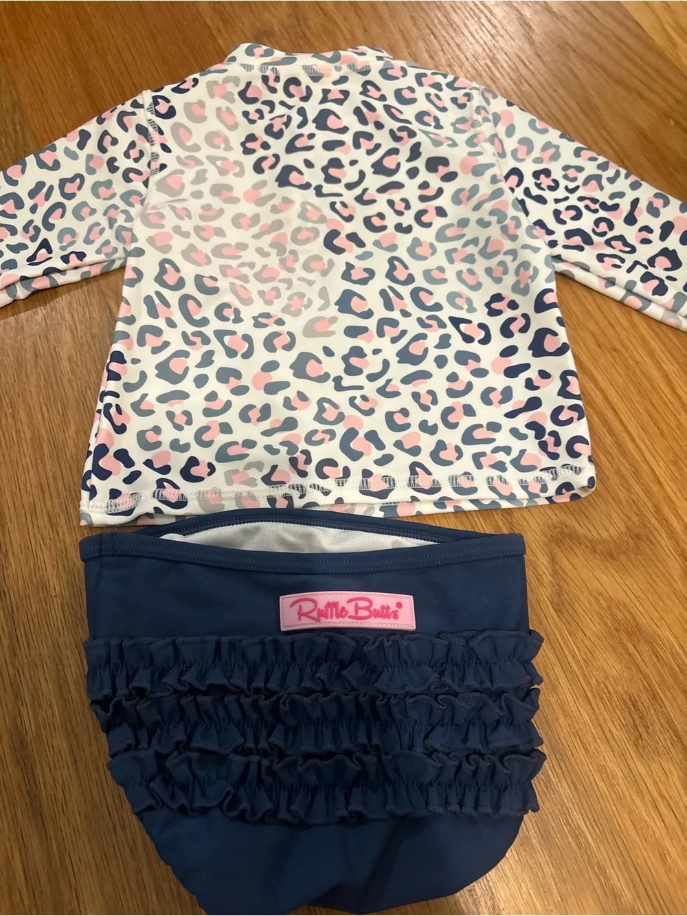 Ruffle Butts Navy, Pink & White Leopard Print Rashguard Two-Piece Swim Set